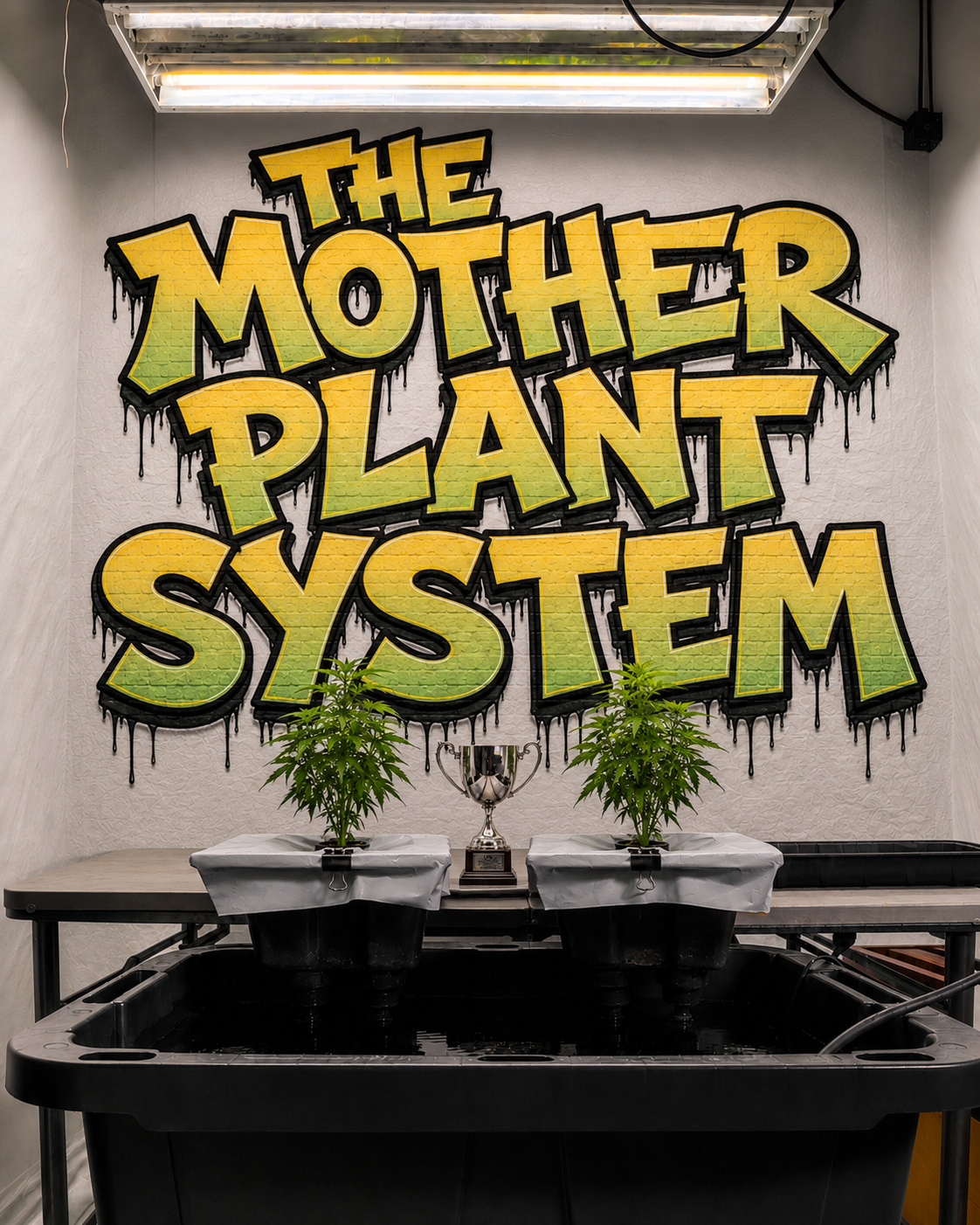 DJ Privileged Mother Plant System – The Mother Plant System graffiti wall with two hydroponic plants and a trophy